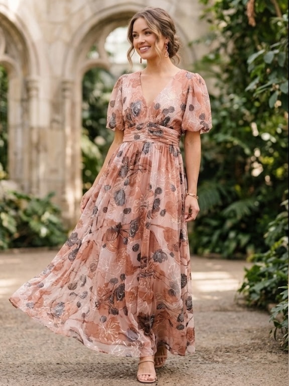 Baltic Born Ardley Taupe Floral V‑Neck Puff Sleeve Maxi Dress
